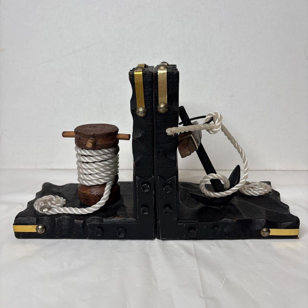 Vintage Nautical Wood Maritime Hand Carved Black Bookends wheel anchor rope 60s